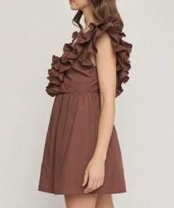 She She Boutique CLOTHING V-Neck Ruffle Dress - Hunter Green OR Chocolate