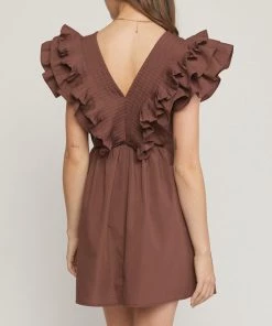 She She Boutique CLOTHING V-Neck Ruffle Dress - Hunter Green OR Chocolate