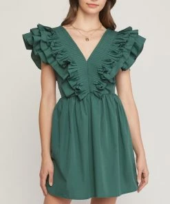 She She Boutique CLOTHING V-Neck Ruffle Dress - Hunter Green OR Chocolate