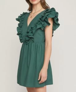 She She Boutique CLOTHING V-Neck Ruffle Dress - Hunter Green OR Chocolate
