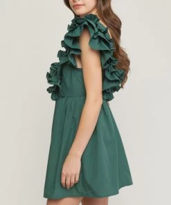 She She Boutique CLOTHING V-Neck Ruffle Dress - Hunter Green OR Chocolate