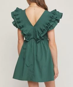 She She Boutique CLOTHING V-Neck Ruffle Dress - Hunter Green OR Chocolate