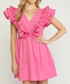 She She Boutique CLOTHING V-Neck Ruffle Dress - Pink