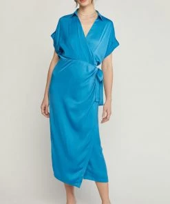 She She Boutique Satin Wrap Dress - Cobalt Blue CLOTHING