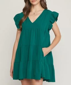 She She Boutique Tiered Dress- Hunter Green, Black OR Clay