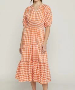 She She Boutique Gingham V-Neck Dress - Orange