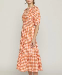 She She Boutique Gingham V-Neck Dress - Orange