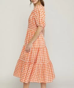 She She Boutique Gingham V-Neck Dress - Orange