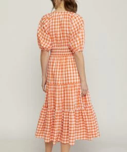 She She Boutique Gingham V-Neck Dress - Orange