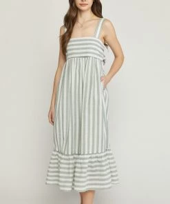 She She Boutique Striped Midi Dress - Sage OR Blue CLOTHING