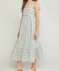 She She Boutique Striped Midi Dress - Sage OR Blue CLOTHING