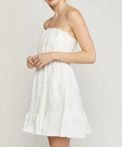 She She Boutique CLOTHING Floral Jacquard Strapless Dress - Off White