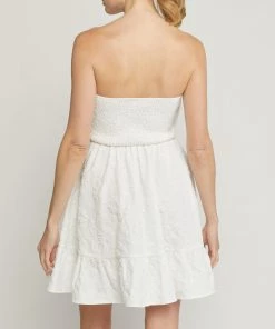 She She Boutique CLOTHING Floral Jacquard Strapless Dress - Off White