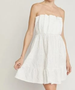 She She Boutique CLOTHING Floral Jacquard Strapless Dress - Off White
