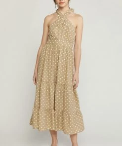 She She Boutique Polka Dot Halter Dress - Sand