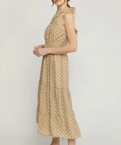 She She Boutique Polka Dot Halter Dress - Sand