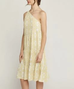 She She Boutique CLOTHING Printed One Shoulder Dress - Lemon