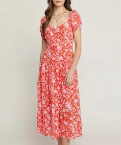 She She Boutique Floral Sweetheart Neck Dress - Red CLOTHING