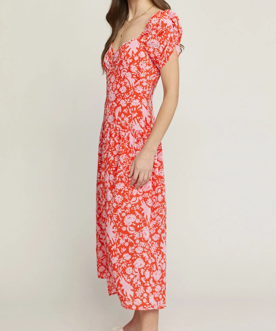 She She Boutique Floral Sweetheart Neck Dress - Red CLOTHING 4 She She Boutique Floral Sweetheart Neck Dress - Red CLOTHING