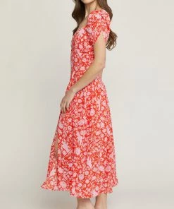 She She Boutique Floral Sweetheart Neck Dress - Red CLOTHING 8 She She Boutique Floral Sweetheart Neck Dress - Red CLOTHING