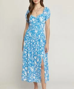 She She Boutique Floral Sweetheart Neck Dress - Blue CLOTHING