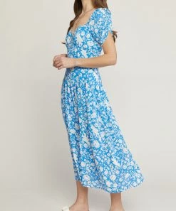 She She Boutique Floral Sweetheart Neck Dress - Blue CLOTHING
