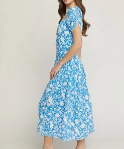 She She Boutique Floral Sweetheart Neck Dress - Blue CLOTHING
