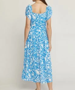 She She Boutique Floral Sweetheart Neck Dress - Blue CLOTHING