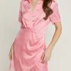 She She Boutique Satin Short Sleeve Dress - Bubble Gum