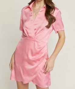 She She Boutique Satin Short Sleeve Dress - Bubble Gum