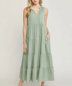 She She Boutique Tiered Midi Dress - Light Olive OR Baby Pink CLOTHING