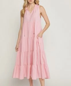 She She Boutique Tiered Midi Dress - Light Olive OR Baby Pink CLOTHING