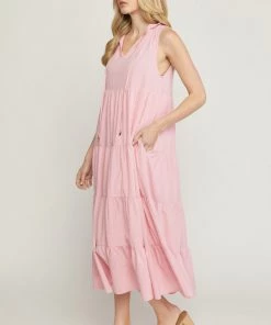 She She Boutique Tiered Midi Dress - Light Olive OR Baby Pink CLOTHING