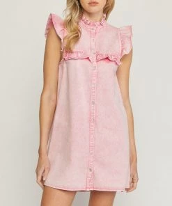 She She Boutique Denim Mini Dress - Pink CLOTHING