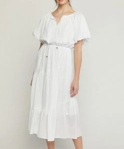 She She Boutique V-Neck Bubble Sleeve Dress - White