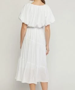 She She Boutique V-Neck Bubble Sleeve Dress - White