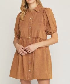 She She Boutique NEW ARRIVALS Denim Bubble Sleeve Dress - Cinnamon OR Ash Black
