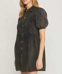 She She Boutique NEW ARRIVALS Denim Bubble Sleeve Dress - Cinnamon OR Ash Black