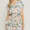 She She Boutique Watercolor Floral Dress With Smocked Waist - Blush Green