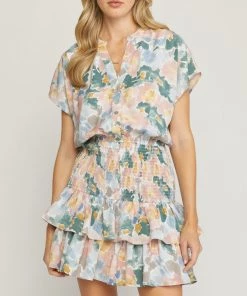 She She Boutique Watercolor Floral Dress With Smocked Waist - Blush Green