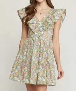 She She Boutique Floral V-Neck Dress - Blue CLOTHING