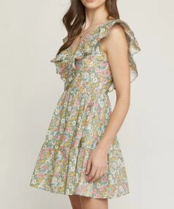 She She Boutique Floral V-Neck Dress - Blue CLOTHING