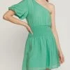 She She Boutique One Shoulder Dress With Smocked Waist - Green