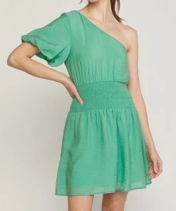 She She Boutique One Shoulder Dress With Smocked Waist - Green