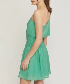 She She Boutique One Shoulder Dress With Smocked Waist - Green