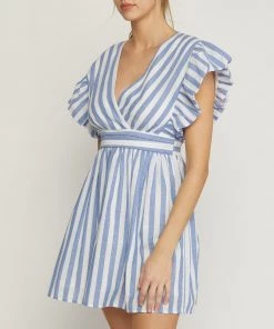 She She Boutique CLOTHING Striped V-Neck Dress - Blue