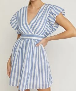 She She Boutique CLOTHING Striped V-Neck Dress - Blue