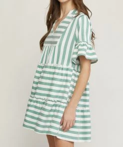 She She Boutique CLOTHING Stripe V-Neck Dress - Green OR Navy