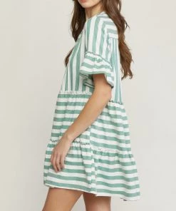 She She Boutique CLOTHING Stripe V-Neck Dress - Green OR Navy