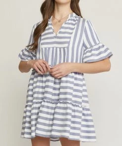 She She Boutique CLOTHING Stripe V-Neck Dress - Green OR Navy